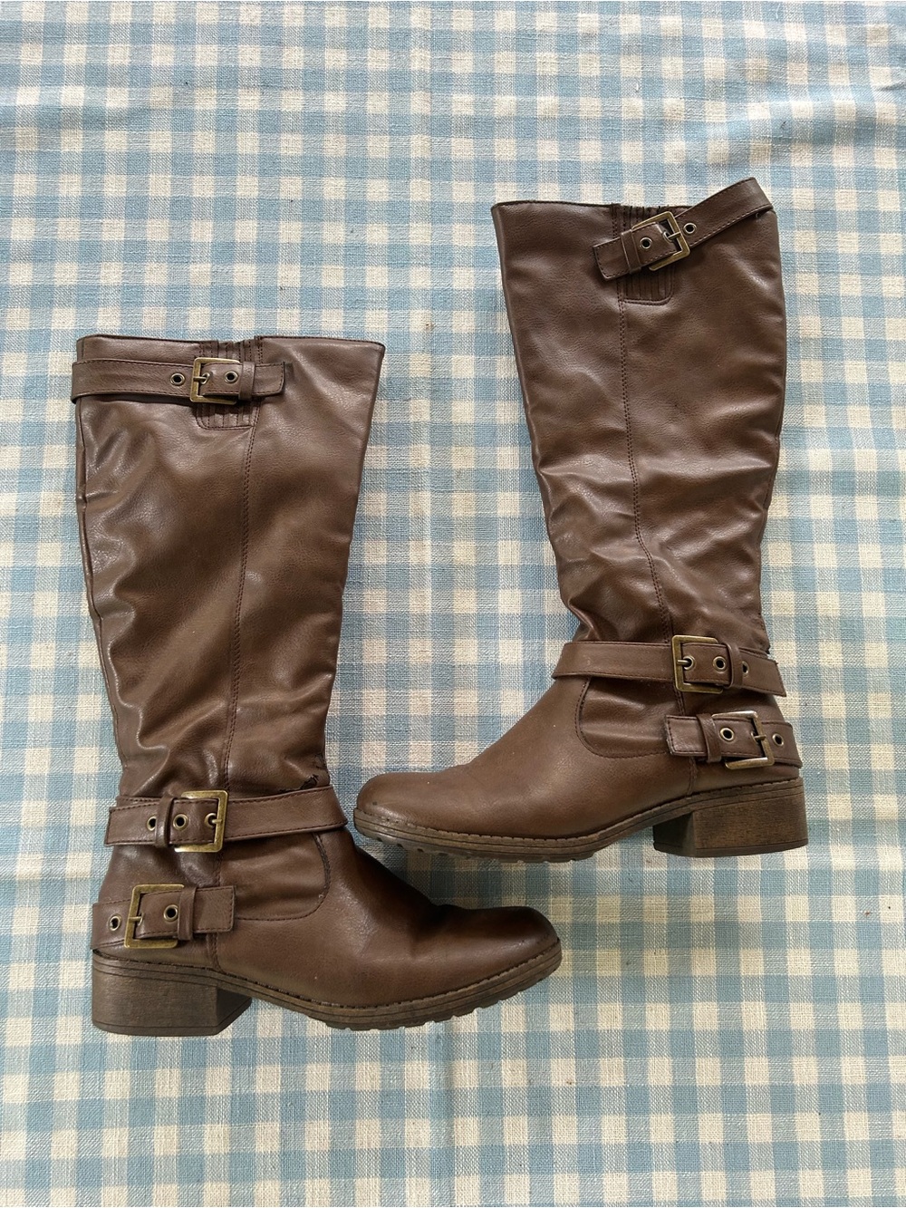 Brown Leather Knee-High Buckle Boots - Women's